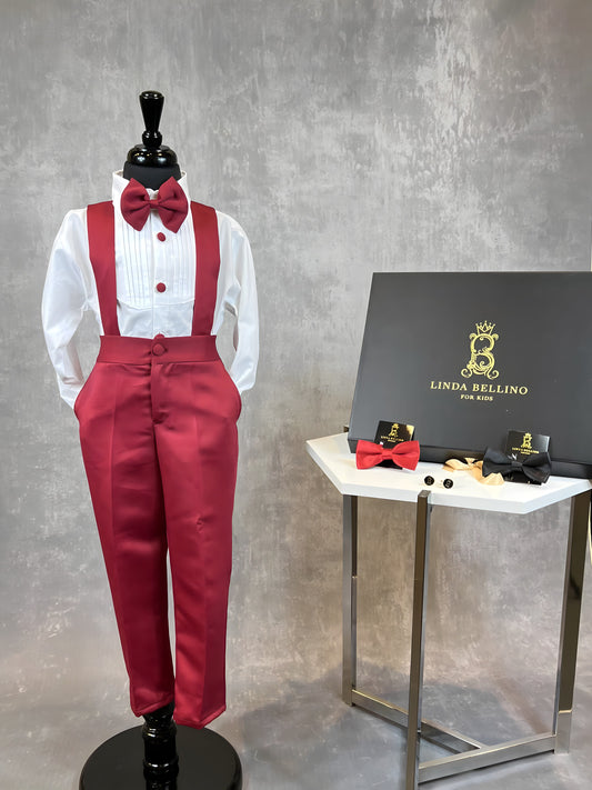 LB Creased Suspender Dress Pants With Matching Bow Tie - Red