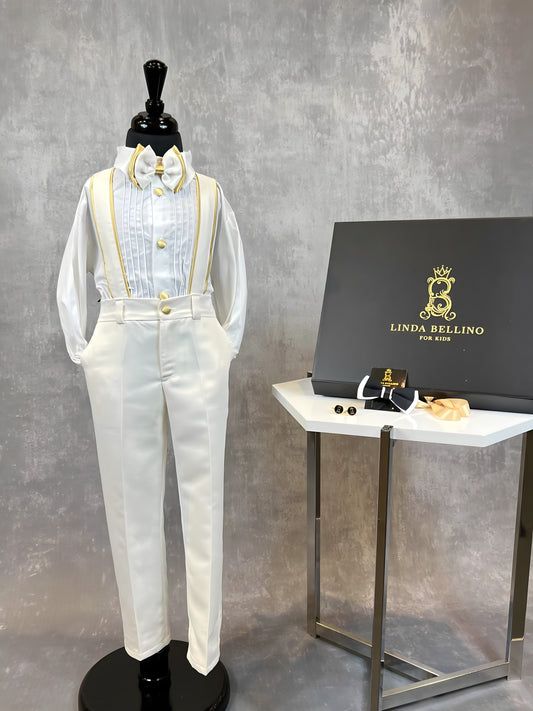 LB Creased Suspender Dress Pants With Matching Bow Tie - Ivory & Gold