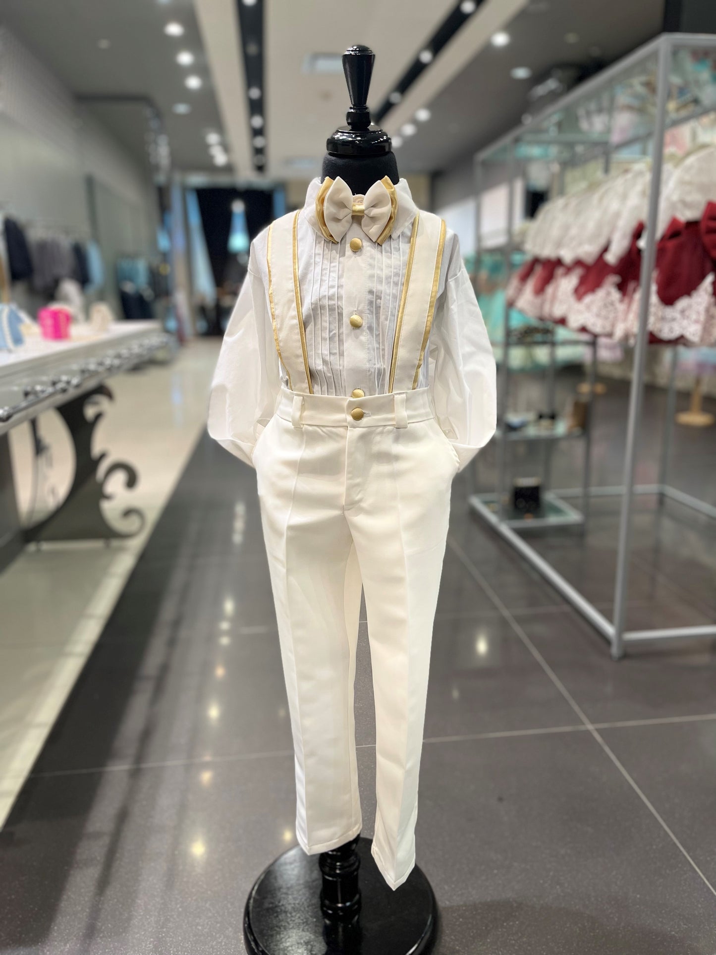 LB Creased Suspender Dress Pants With Matching Bow Tie - Ivory & Gold