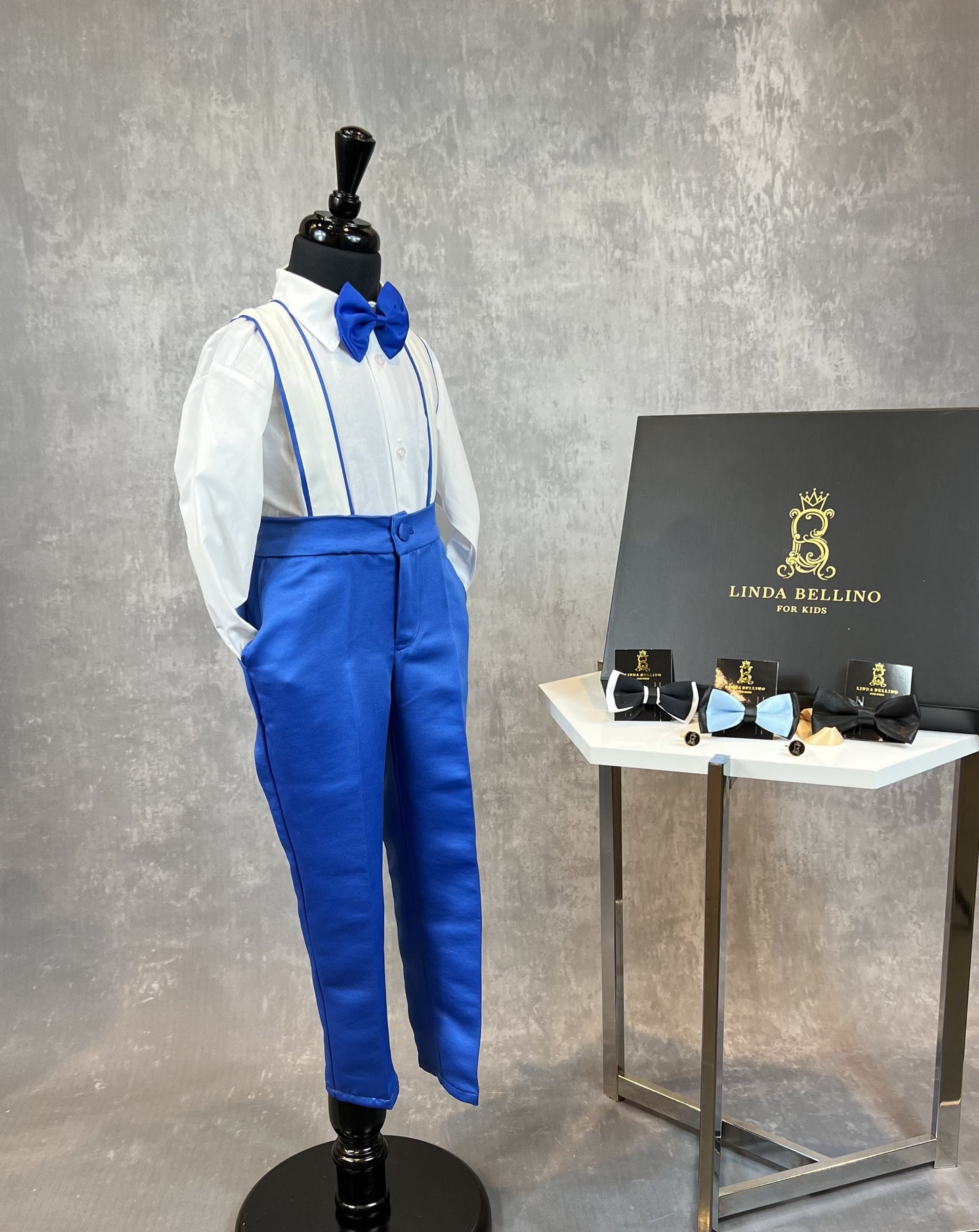 LB Creased Suspender Dress Pants With Matching Bow Tie - Deep Blue