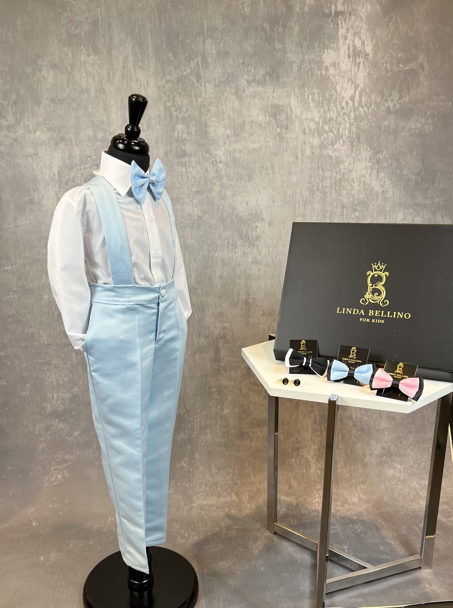 LB Creased Suspender Dress Pants With Matching Bow- Baby Blue